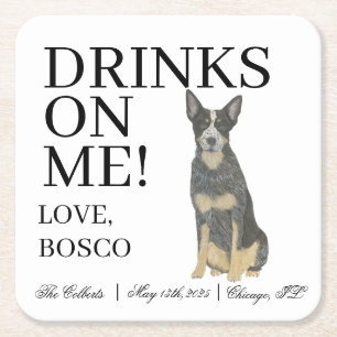Blue Australian Cattledog Heeler Dog Wedding Square Paper Coaster