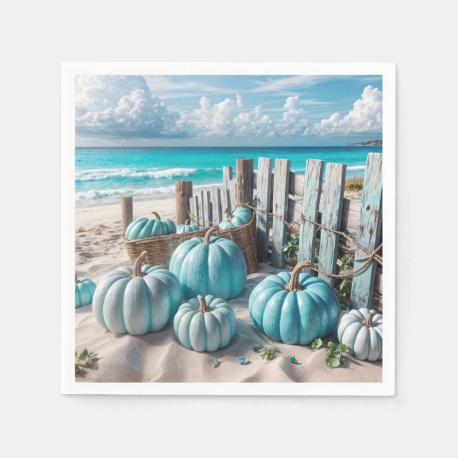 Blue Autumn Beach Pumpkins Napkin (Front)