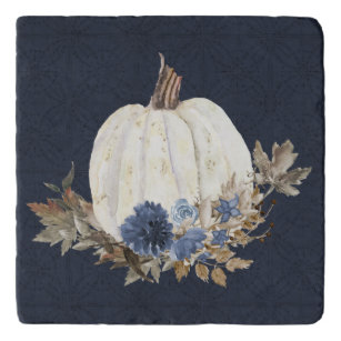 Blue Autumn Fall Leaves Pumpkin Floral Watercolor Trivet