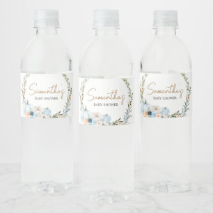 Blue Autumn Flowers Pumpkin Baby Shower Water Bottle Label
