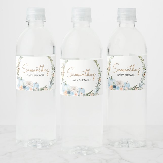 Blue Autumn Flowers Pumpkin Baby Shower Water Bottle Label (Bottles)