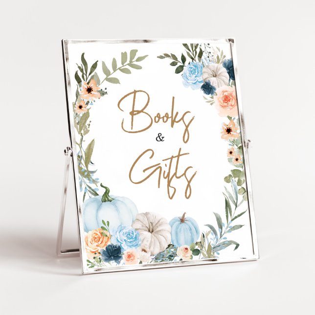 Blue Autumn Flowers Pumpkin Books and Gifts Poster (Autumn Little Pumpkin Baby Shower Books and Gifts Sign)