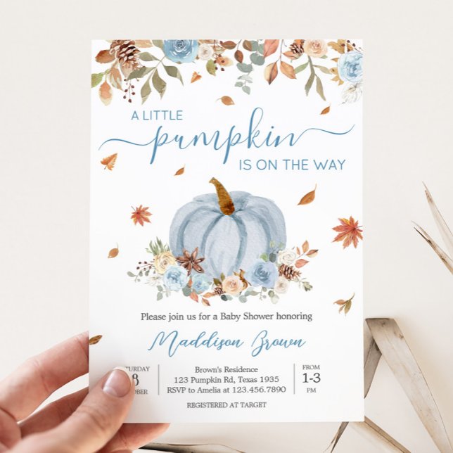 Blue Autumn Little Pumpkin Baby Shower Invitation (Blue Autumn Leaves Little Pumpkin Baby Shower Invitation)