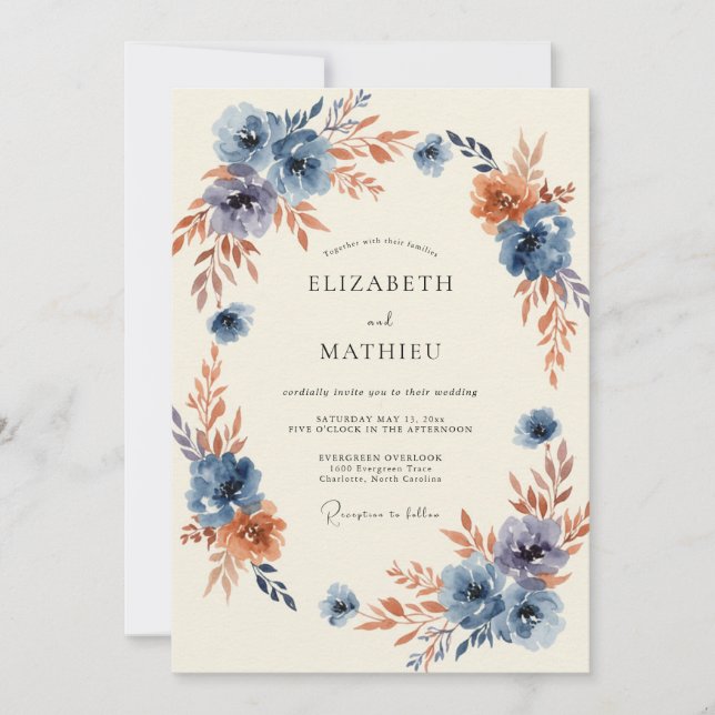 Blue Autumnal Bloom Wedding Invitation (Front)