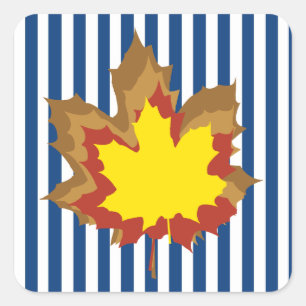 Blue Autumnal Stripes with Leaves Square Sticker