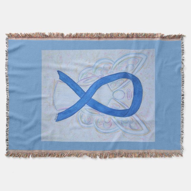 Blue Awareness Ribbon Angel Custom Throw Blanket (Front)