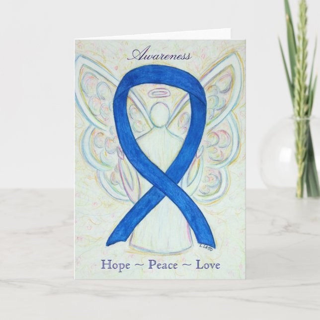 Blue Awareness Ribbon Angel Holiday Greeting Card (Front)