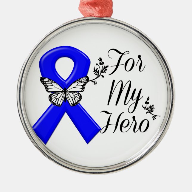 Blue Awareness Ribbon For My Hero Metal Ornament (Front)
