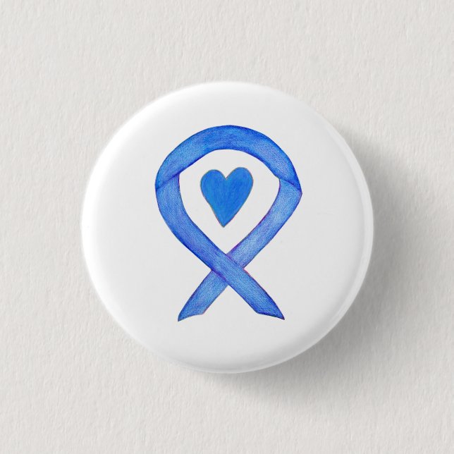 Blue Awareness Ribbon Heart Custom Button Pins (Front)