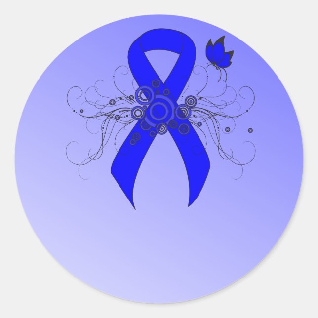 Blue Awareness Ribbon with Butterfly Classic Round Sticker (Front)