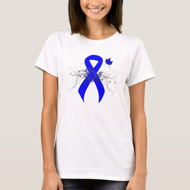 Blue Awareness Ribbon with Butterfly T-Shirt (Front)