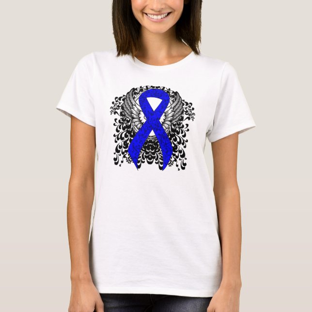 Blue Awareness Ribbon with Wings T-Shirt (Front)