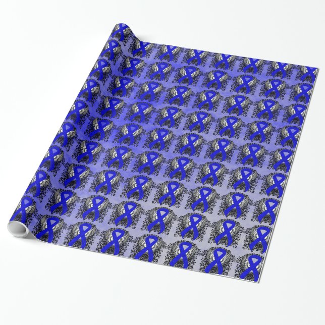 Blue Awareness Ribbon with Wings Wrapping Paper (Unrolled)