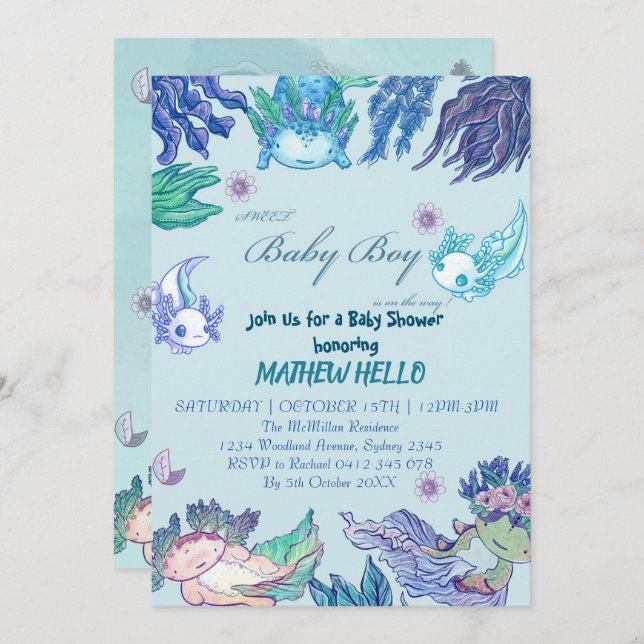 BLUE AXOLOTL Baby Shower Invitation BOY (Front/Back)