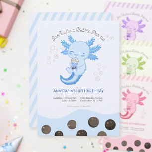 Blue Axolotl Bubble Boba Tea Boy Invitation