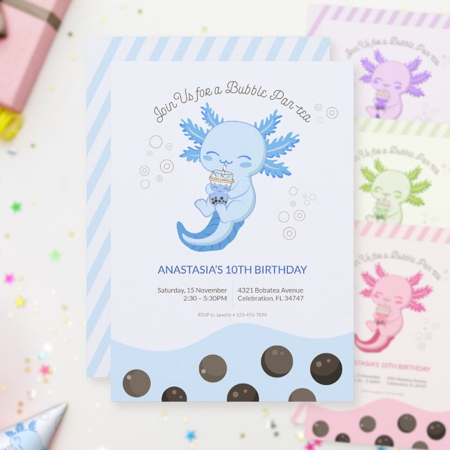 Blue Axolotl Bubble Boba Tea Boy Invitation (Creator Uploaded)