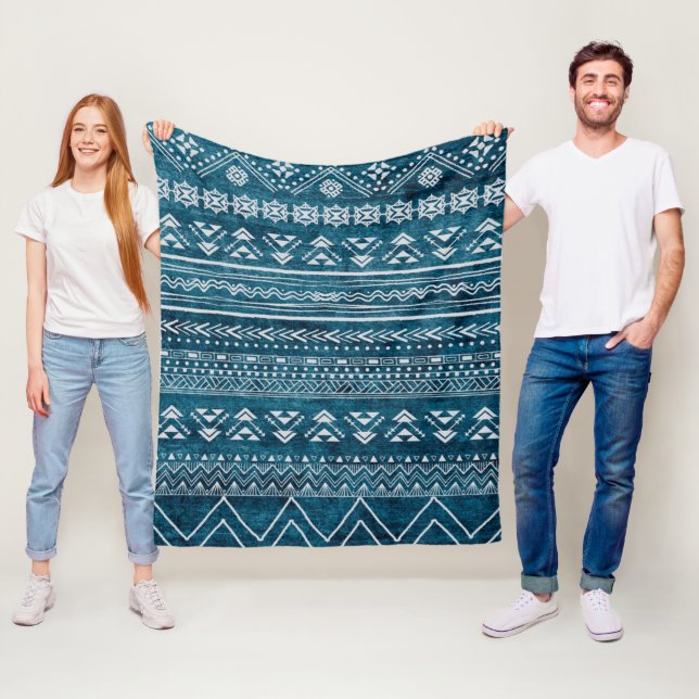 Blue Aztec Tribal Geometric Pattern Fleece Blanket (In Situ)