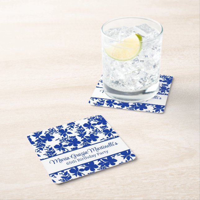 Blue Azure Floral Pattern | Chic Birthday Party Square Paper Coaster (Insitu)