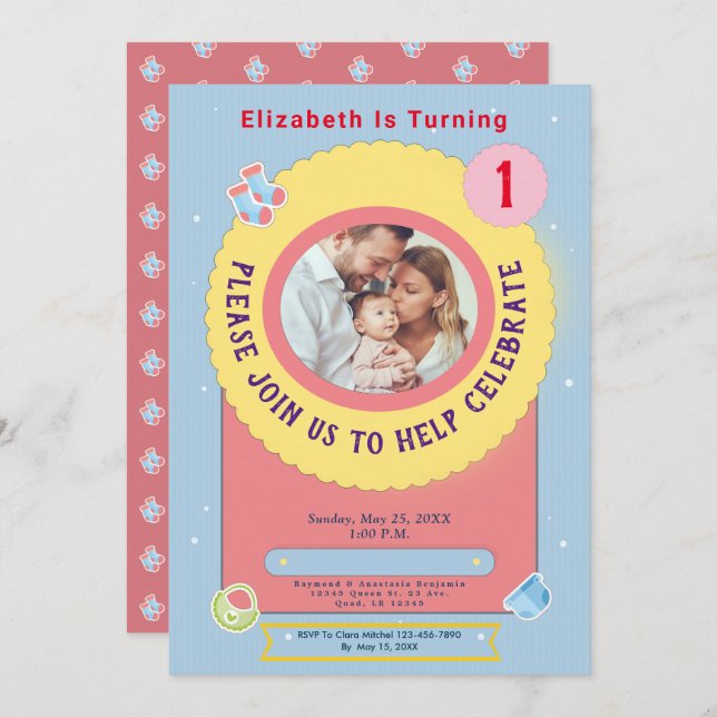 Blue Baby 1st Birthday Party Invitation (Front/Back)