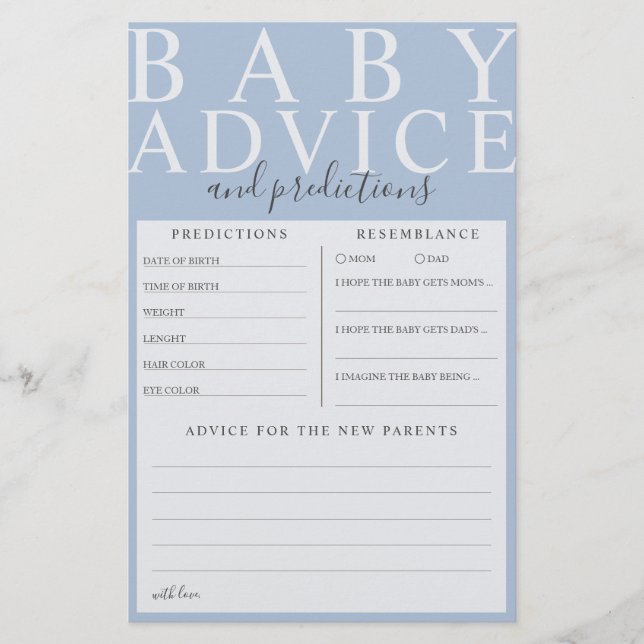 Blue Baby Advice & Predictions Baby Shower Game (Front)