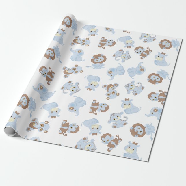 Blue Baby Animals Wrapping Paper (Unrolled)