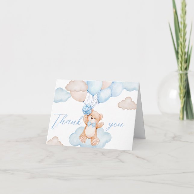 Blue Baby Bear Balloon Baby Shower Thank You Card (Front)