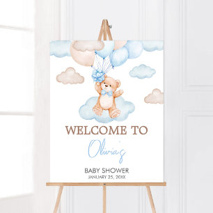 Blue Baby Bear Balloon Baby Shower Welcome Poster