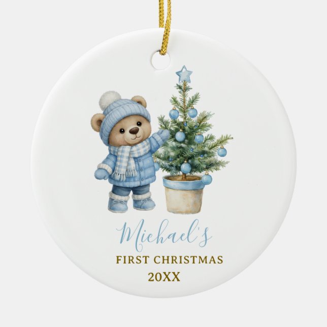 Blue Baby Bear First Christmas Keepsake Ceramic Ornament (Front)