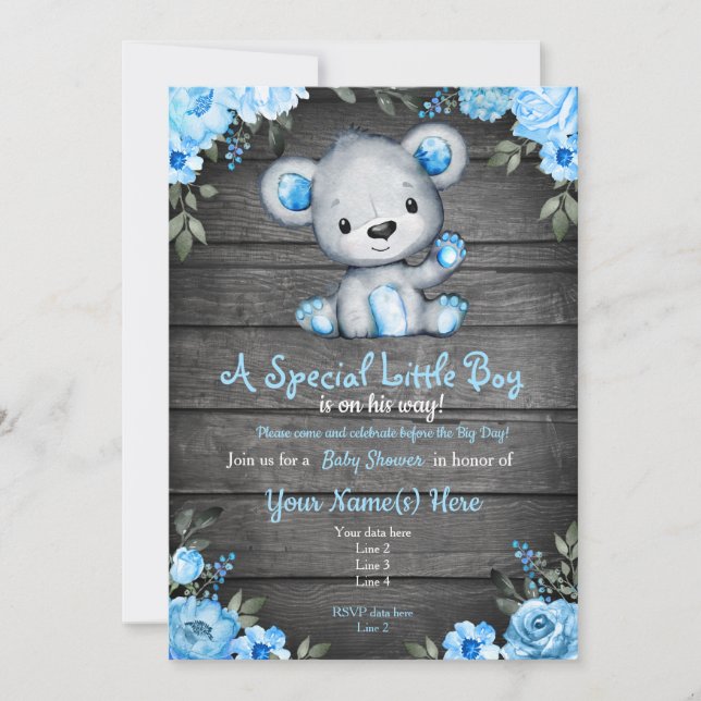 Blue Baby Bear Shower invitation rustic Invitation (Front)
