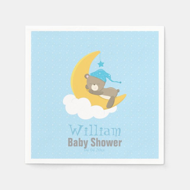 Blue Baby Bear Sleeping On The Moon - baby shower Napkin (Front)
