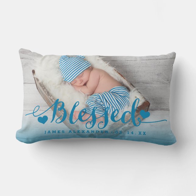 Blue Baby Birth Photo Keepsake Pillow (Front)