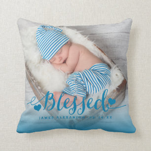 Blue Baby Birth Photo Keepsake Throw Pillow