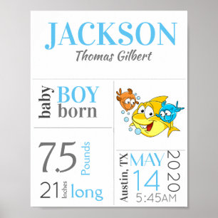 Blue Baby Birth Stat Sign with Baby Shark