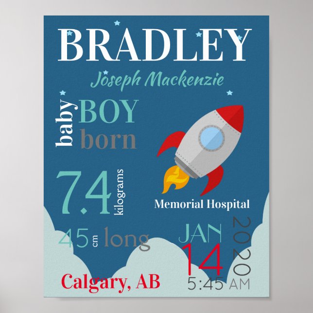 Blue Baby Birth Stats Sign with Red Space Rocket (Front)