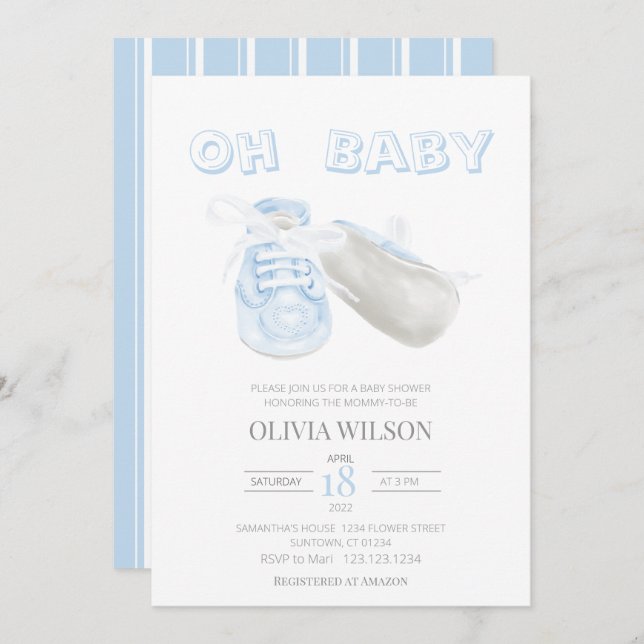Blue Baby Bootie Watercolor Baby Shower Invitation (Front/Back)