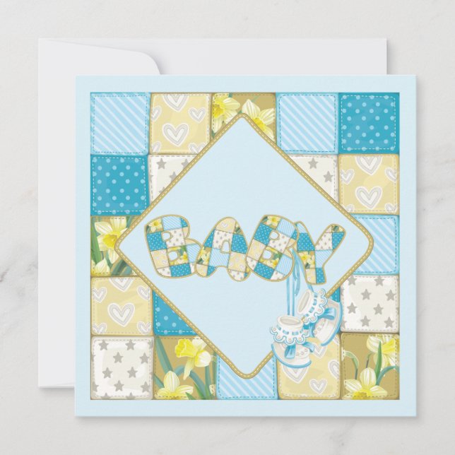 Blue Baby Booties and Patchwork Quilt Baby Shower Invitation (Front)