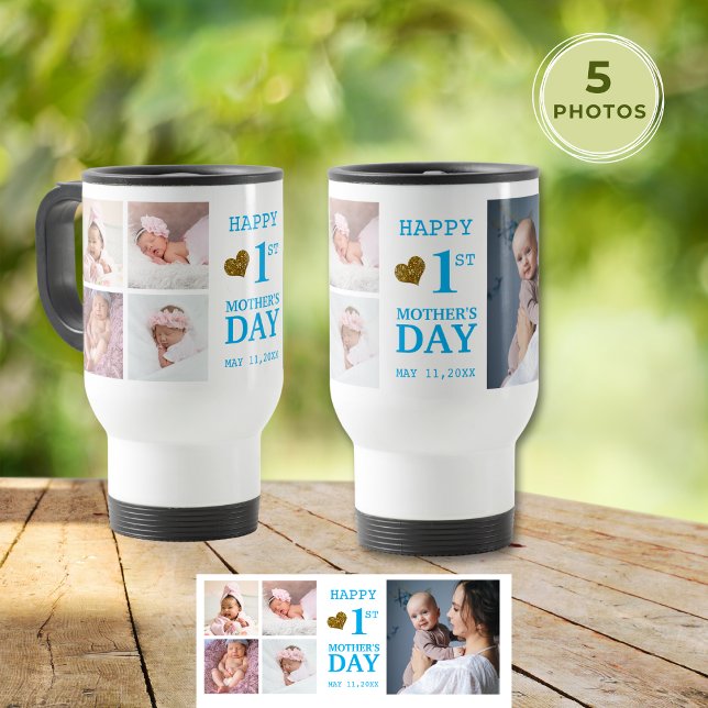 Blue Baby Boy 1st Mother's Day  5 Photo Collage    Travel Mug (Blue Baby Boy 1st Mother's Day 5 Photo Collage Travel Mug
)