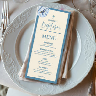 Blue Baby Boy 4x9 Baptism Menu Card