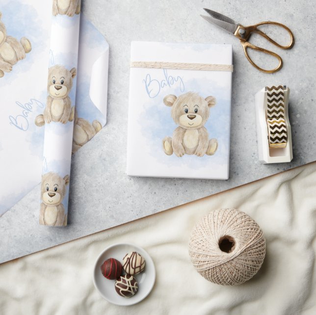 Blue Baby Boy Bear Baby Shower Wrapping Paper (Crafts)