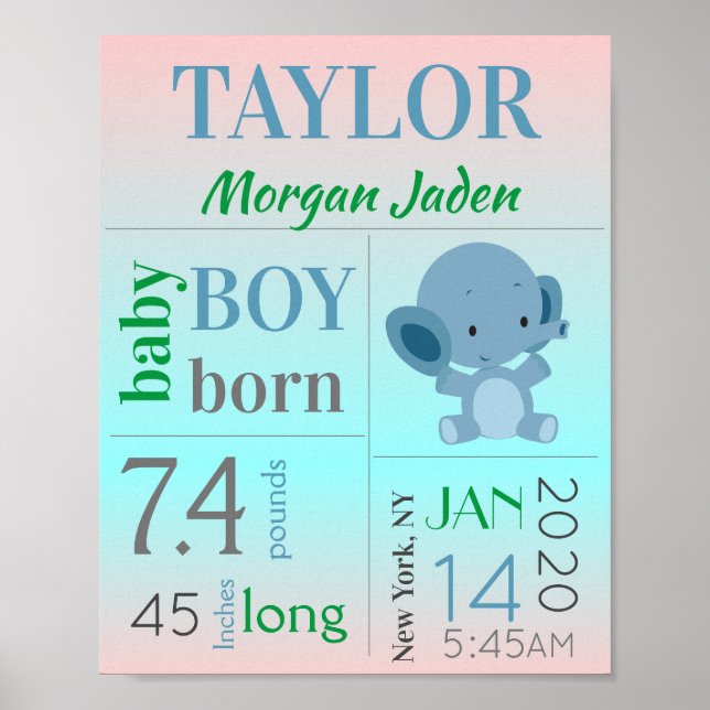 Blue Baby Boy Birth Stat Sign with Elephant (Front)
