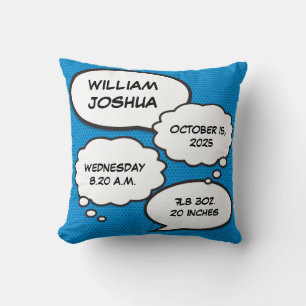 Blue Baby Boy Birth Stats Fun Comic Book Keepsake Cushion