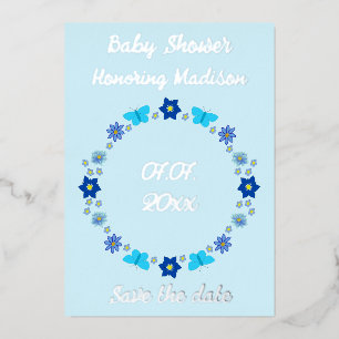 Blue Baby Boy Butterflies and Flower Save the Date Foil Holiday Card