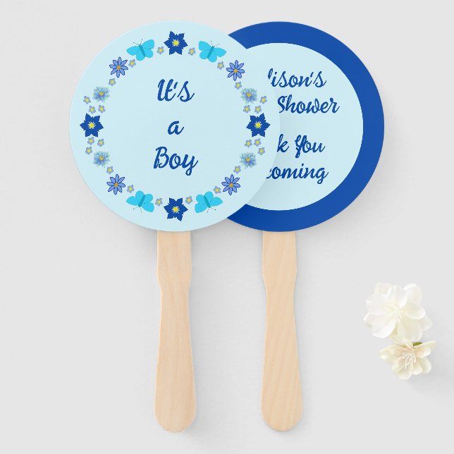 Blue Baby Boy Butterflies and Flowers Baby Shower Hand Fan (Front and Back)