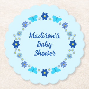 Blue Baby Boy Butterflies and Flowers Baby Shower Paper Coaster