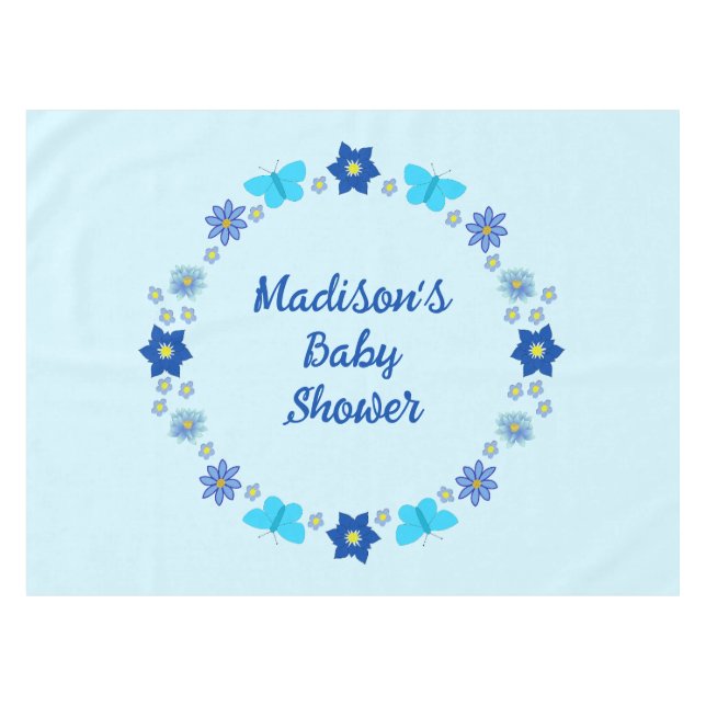 Blue Baby Boy Butterflies and Flowers Baby Shower Tablecloth (Front (Horizontal))