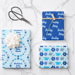 Blue Baby Boy Butterflies and Flowers Baby Shower Wrapping Paper Sheet