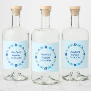 Blue Baby Boy Butterflies and Flowers Baptism Liquor Bottle Label