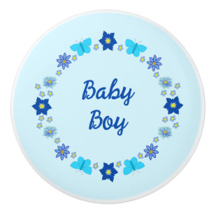 Blue Baby Boy Butterflies and Flowers Custom Ceramic Knob