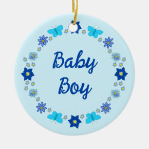 Blue Baby Boy Butterflies and Flowers Custom Ceramic Ornament