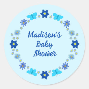 Blue Baby Boy Butterflies and Flowers Custom Classic Round Sticker